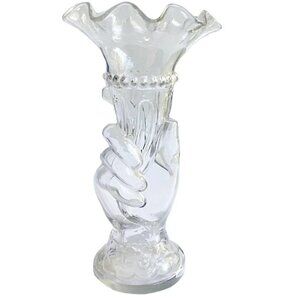 Antique French 19th Century Clear Glass Hand Vase Holding Flower Horn Of Plenty